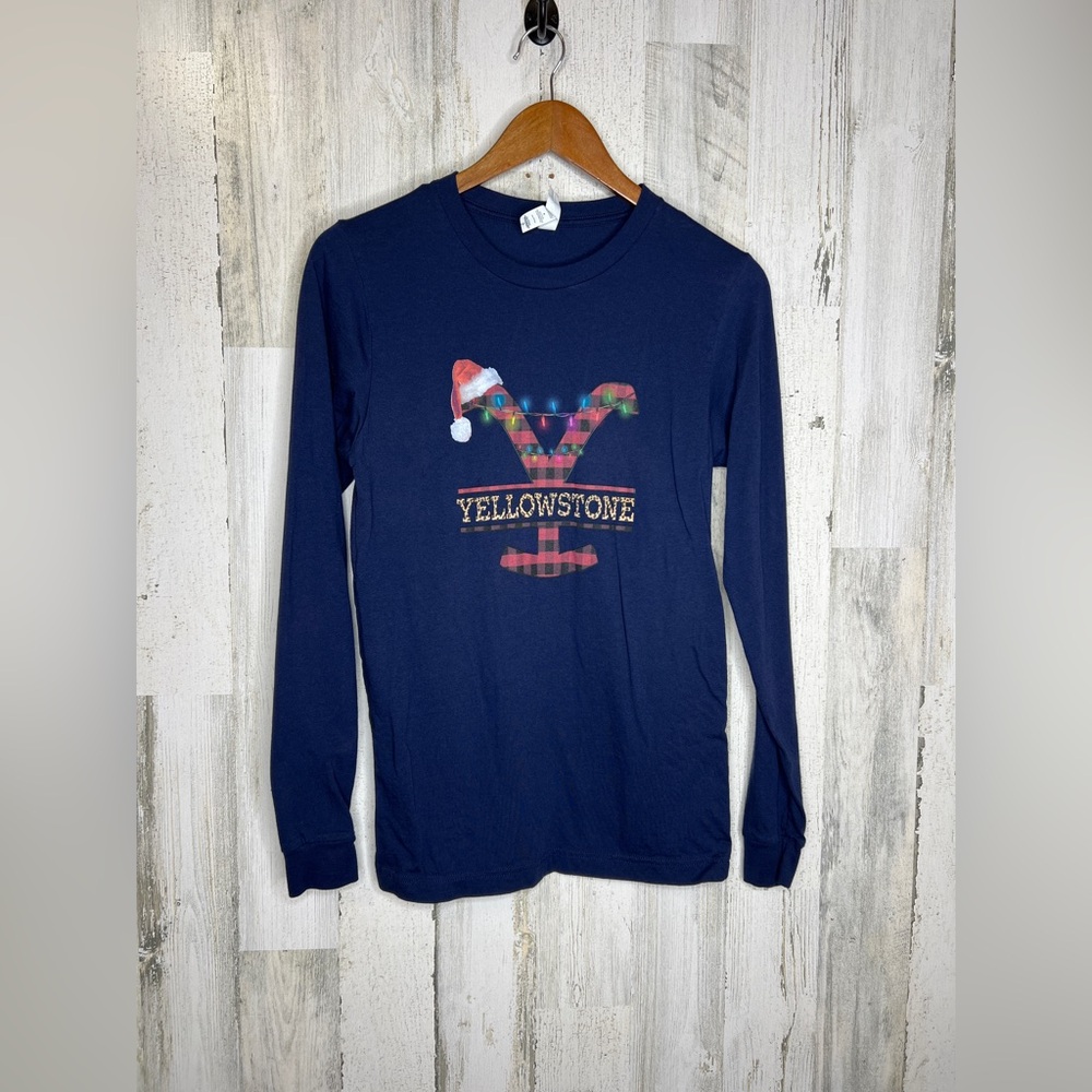 Bella + Canvas Women's  Yellowstone Holiday Long Sleeve Top Blue Red Size Small
